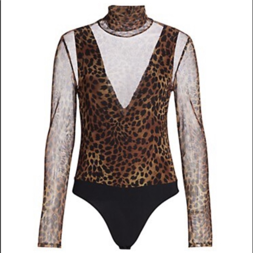 Jonathan Simkhai Standard Turtleneck Leopard Mesh Bodysuit Illusion Deep-V S